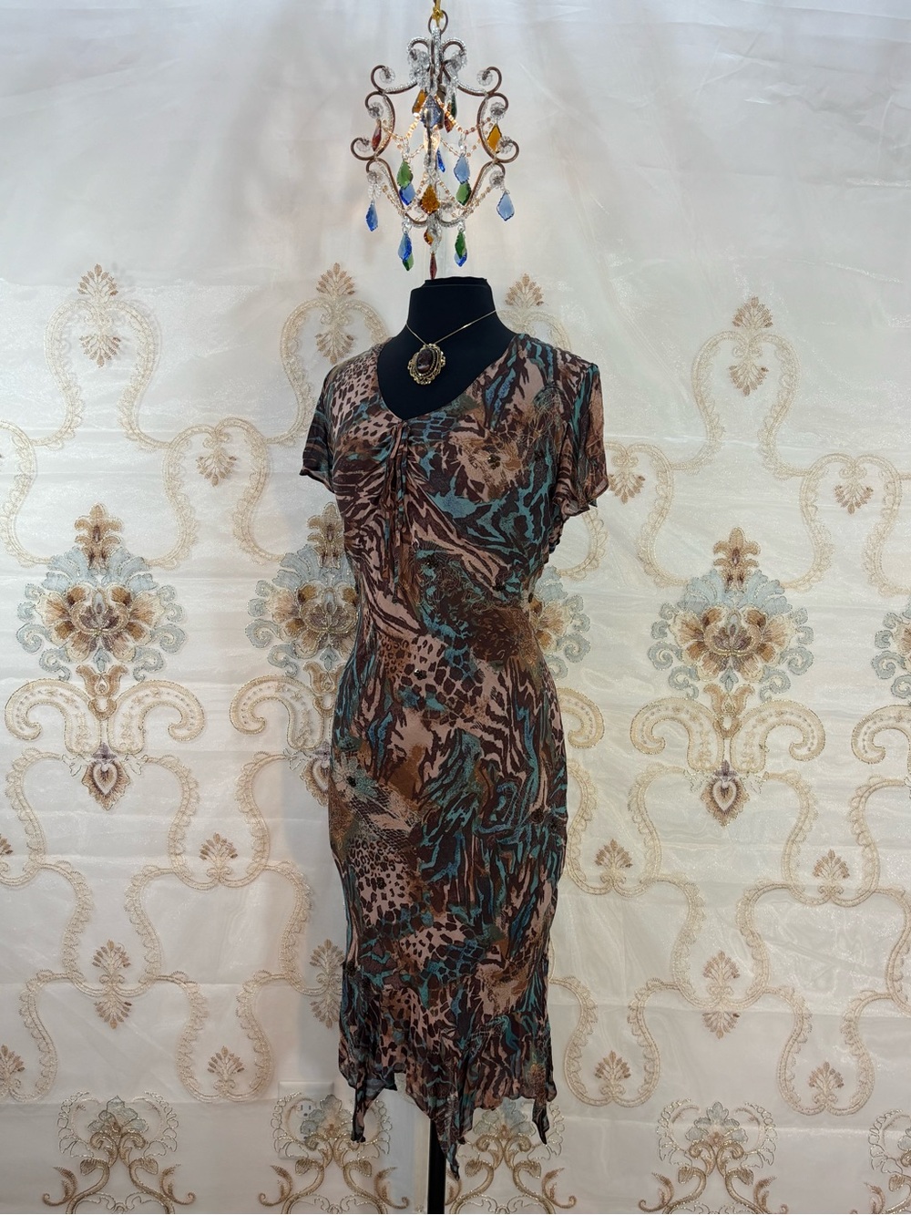 ✨Vintage Y2K Bohemian Brown & Blue Beaded Multi Print Handkerchief Maxi Dress✨